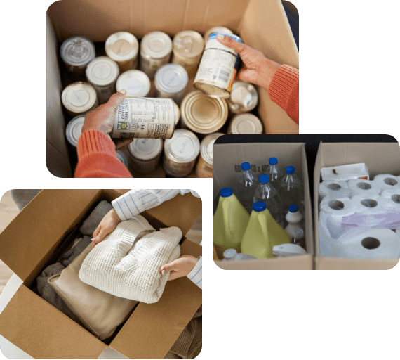 Three images of donated items: canned food, bottled water, paper towels and clothes in different boxes.