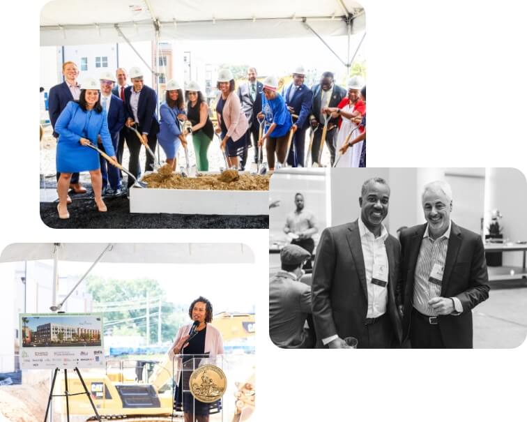 Three event photos: groundbreaking ceremony, a woman speaking at a podium and two men posing together