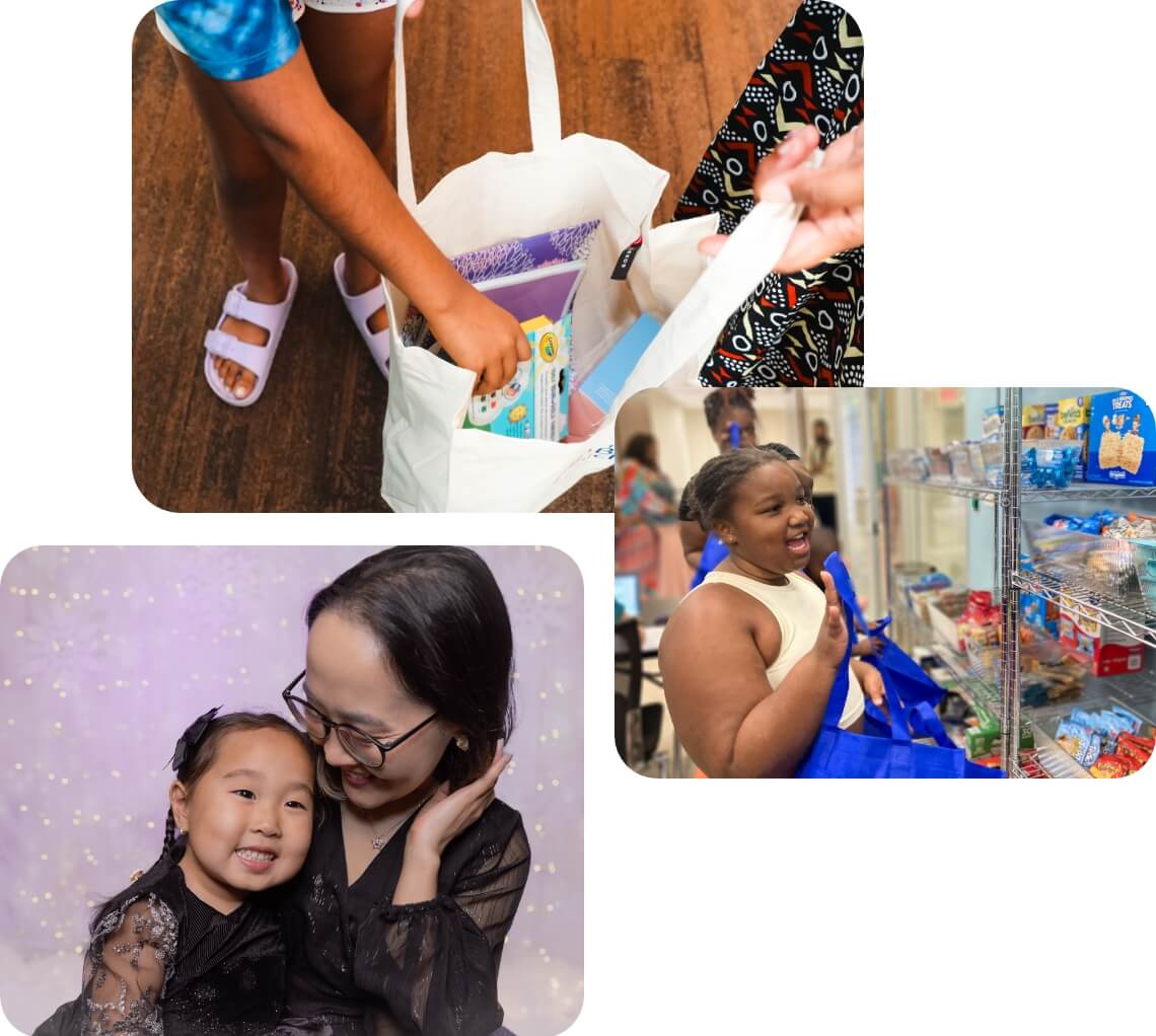 Collage of community activities: filling a tote bag, mother and daughter embracing, shopping at a food pantry