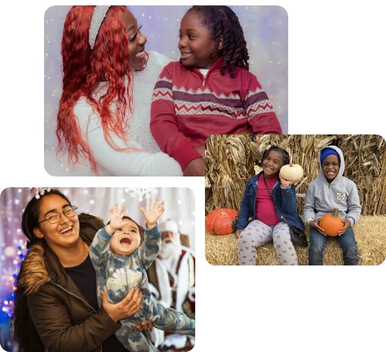 Collage of diverse families enjoying moments together, including a mother and son, children with pumpkins, and a mother holding her baby.