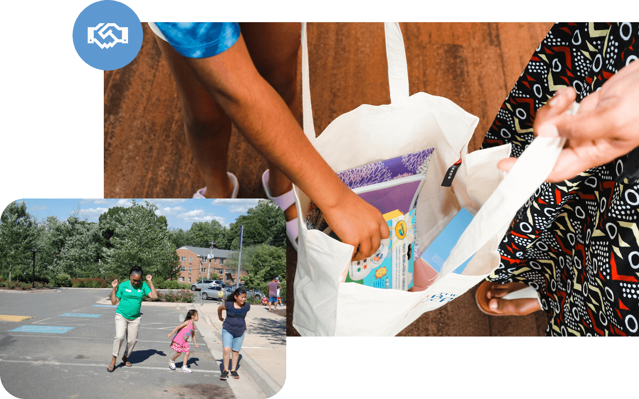 Community partnership in action: volunteers delivering essential items and engaging with children.