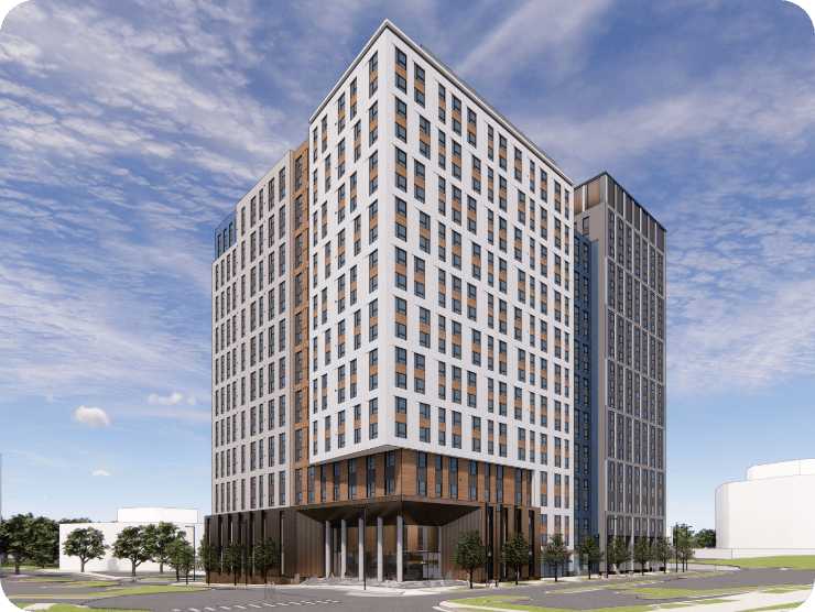 Render of a tall, modern residential building under a clear sky.