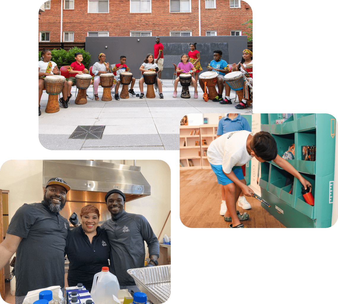 A collage of three images: A group of children and adults playing drums outside, three people in a kitchen and a child placing an item into a vending machine.