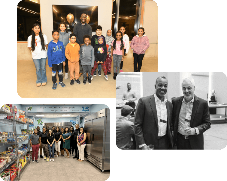 Collage showing children at a community center, a food pantry group, and two professionals at an event.