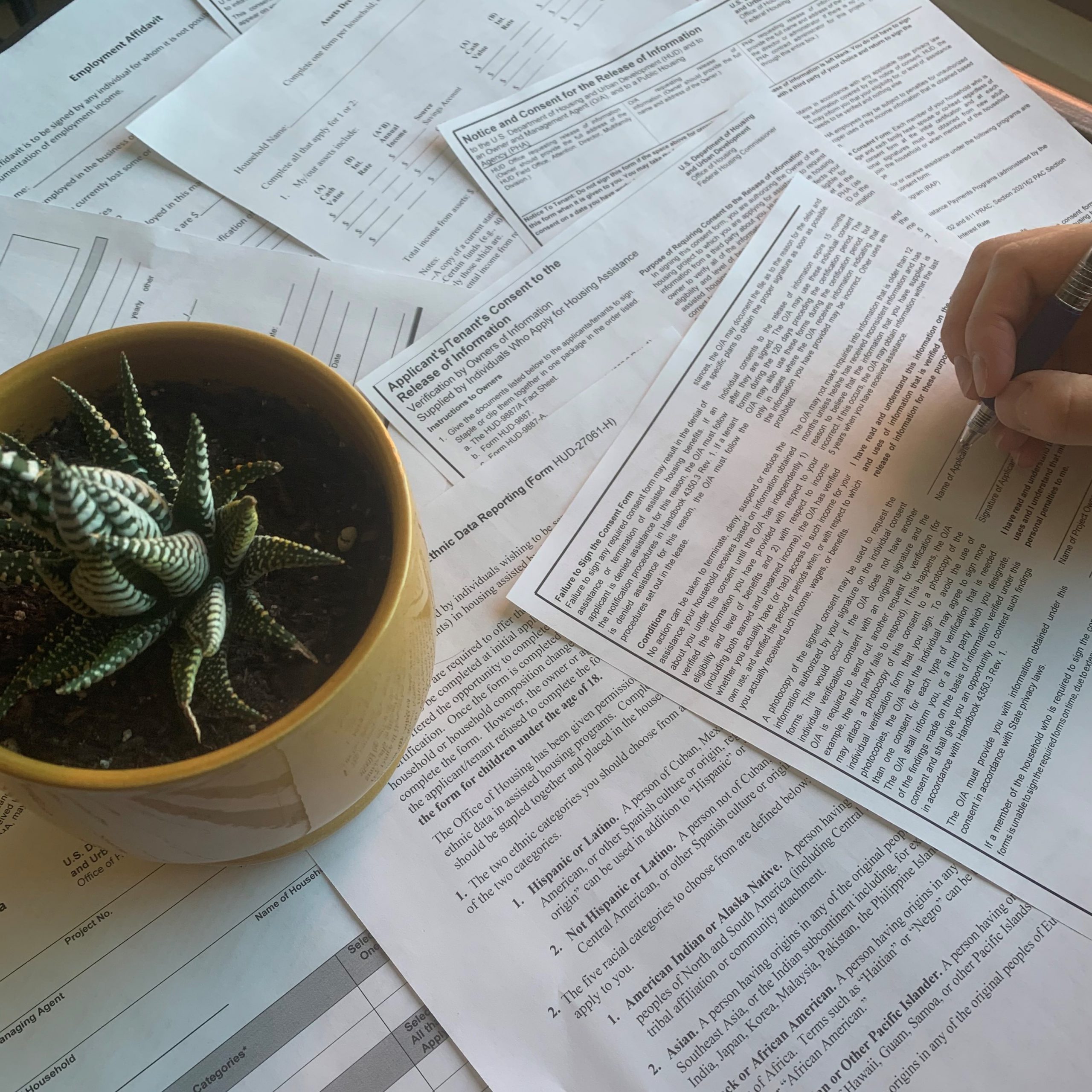 Photograph of forms scattered on a table